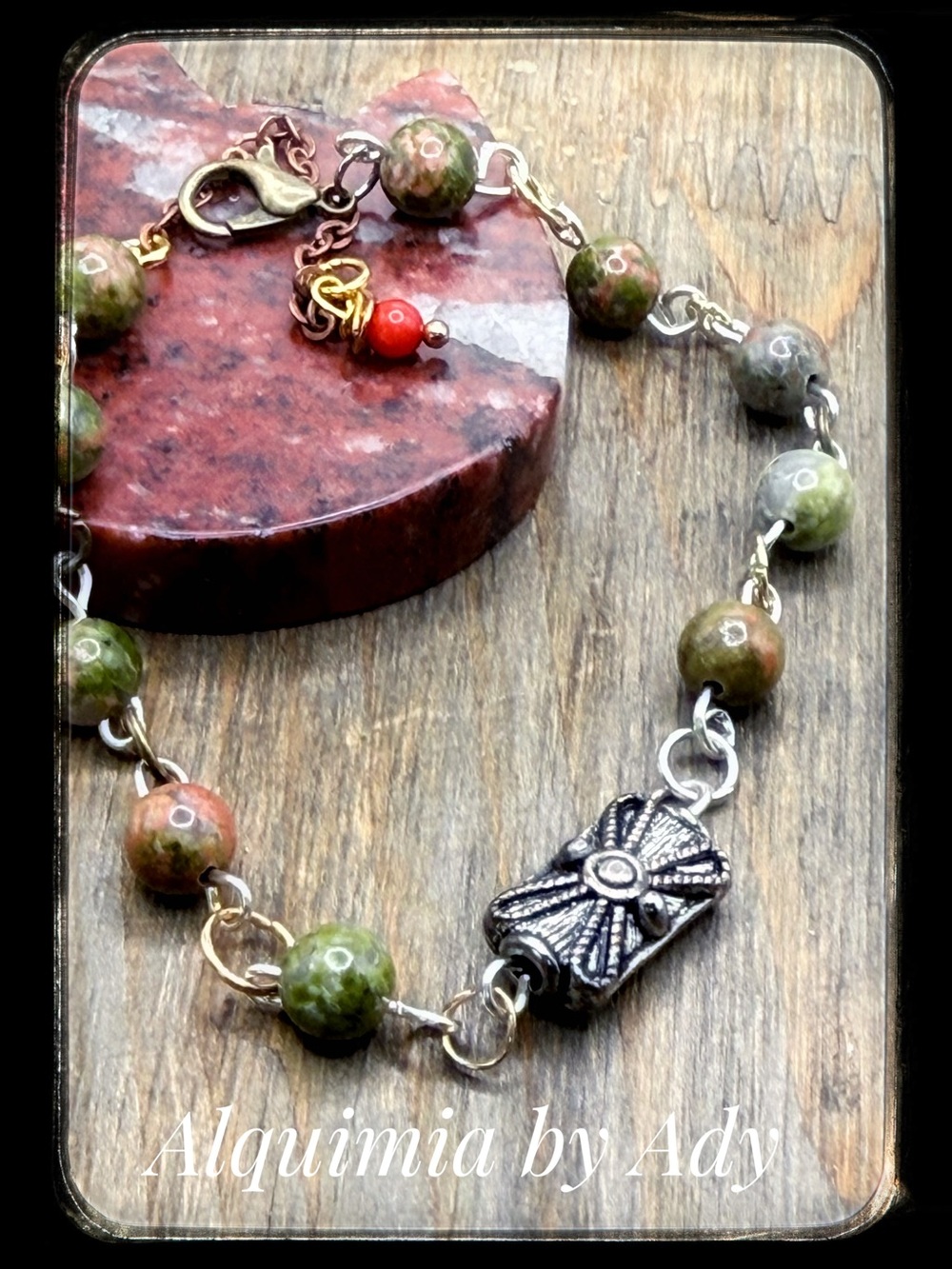 Antique silver unakite  bracelet + beaded fall